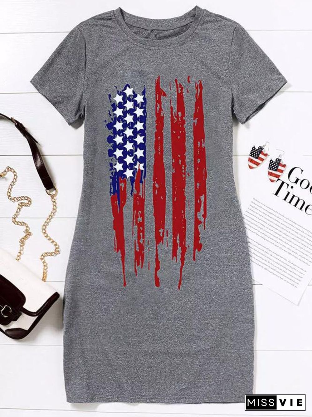 Round Neck Flag Printed Slim Dress