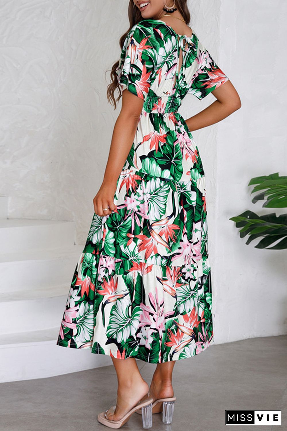 V Neck Short Sleeves Floral Print Dress