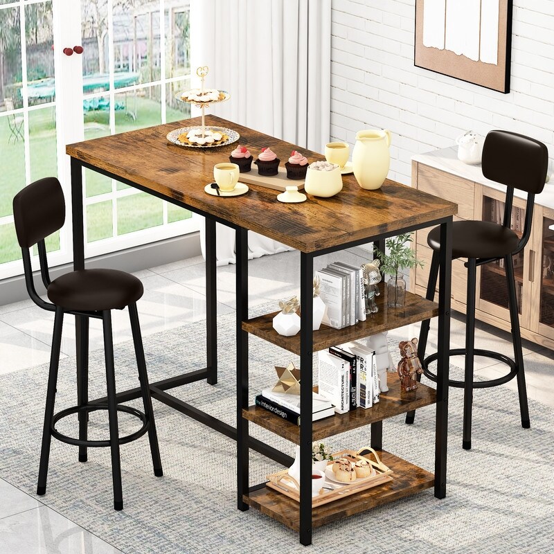 3 Pieces Industrial Bar Table Set  Counter Height Kitchen Pub Table Set with 3 Storage Shelves and Upholstered Stools