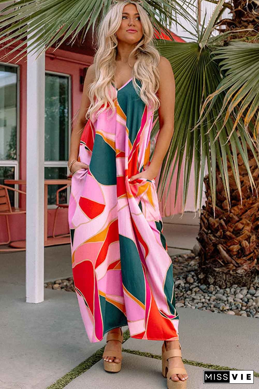 Multicolor Boho Print Slip Sleeveless Maxi Dress