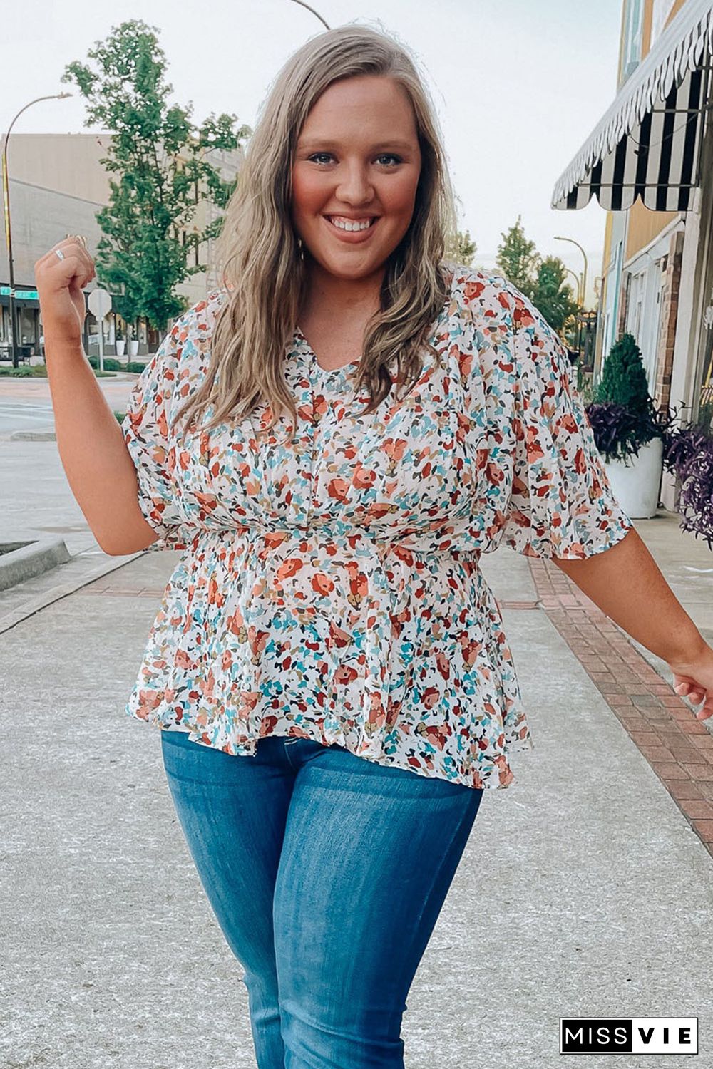 Apricot Plus Size Floral Print V Neck Peplum Blouse