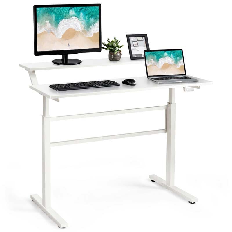 2-Tier Standing Desk, Height Adjustable Sit Stand Up Desk, Computer Desk Workstation with Monitor Stand & Foldable Crank Handle