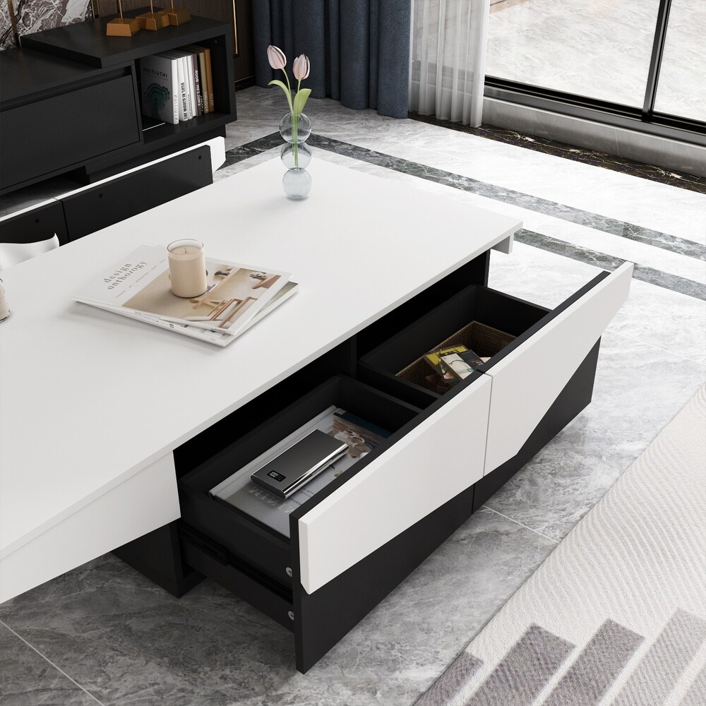 47 Inch Black   White Modern Coffee Table with 4 Large Storage Drawers   47.2\