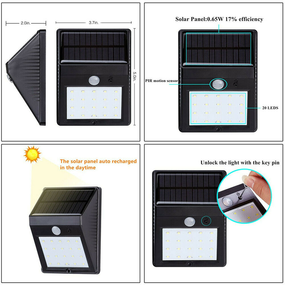 20 LED Solar Power PIR Motion Sensor Wall Light Outdoor Waterproof Garden Lamp