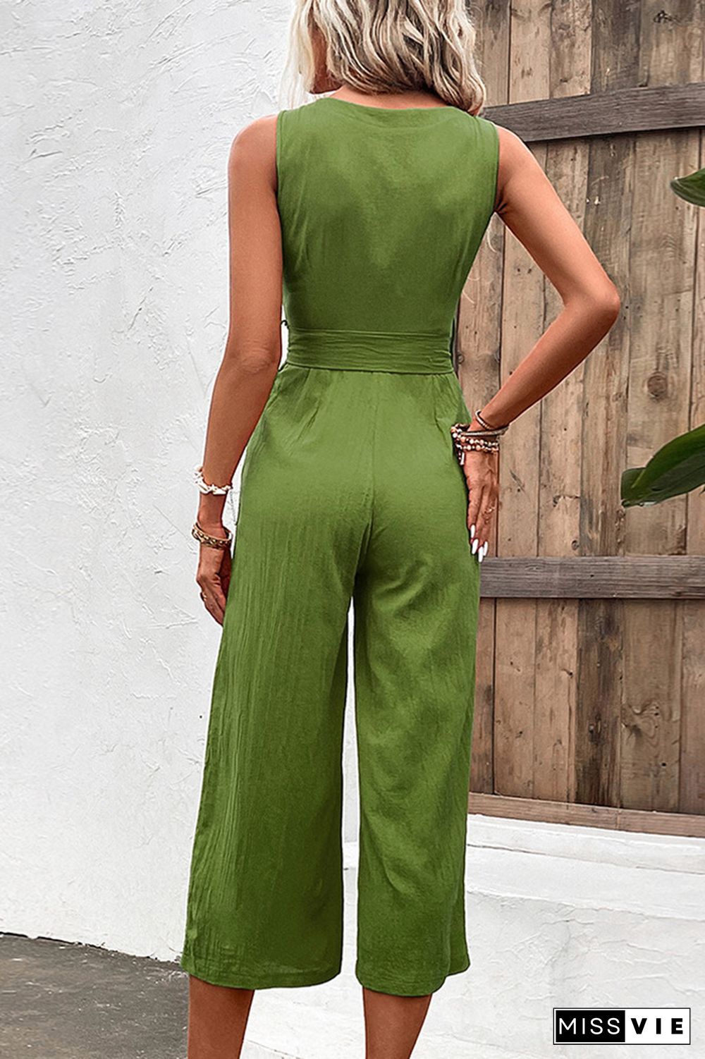 Plain V Neck Buttoned Wide Leg Jumpsuit With Sash