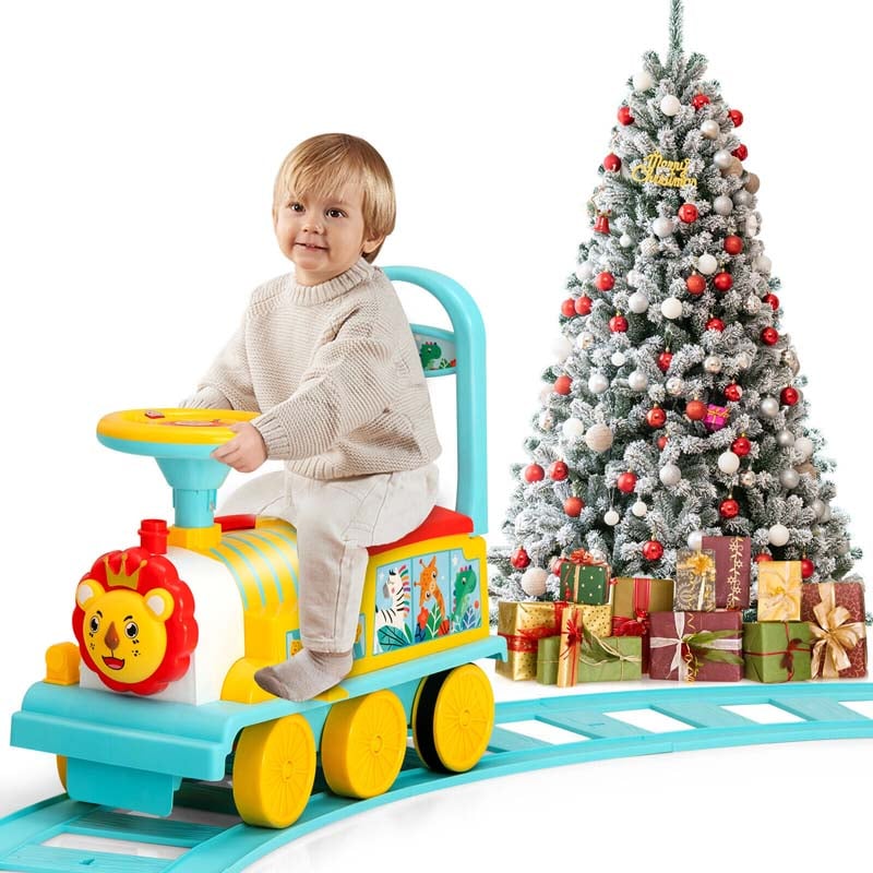 6V Kids Ride on Train with Tracks & 6 Wheels, Battery Powered Electric Ride On Toy with Lights & Music