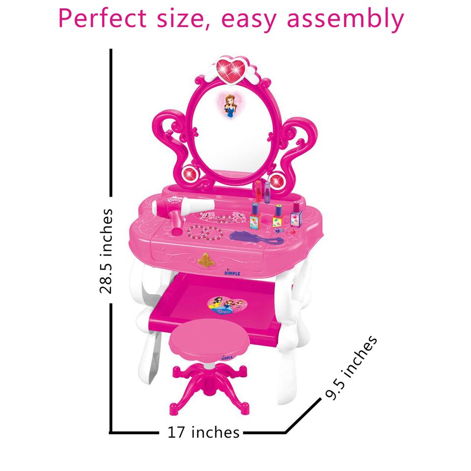 Dimple 2-in-1 Princess Pretend Play Vanity Set Table with Working Piano Beauty Set for Girls with Toy Makeup Cosmetics Accessories， Hair Dryer， Keyboard， Flashing Lights and more