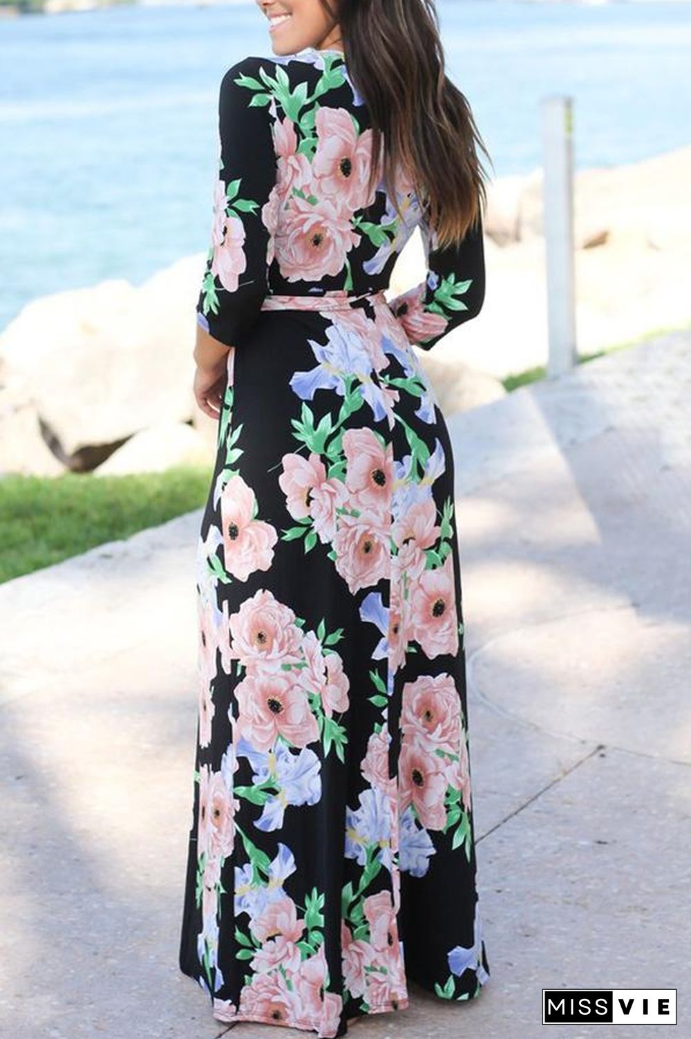 Mixed Color Flower Printed V Neck Maxi Dress