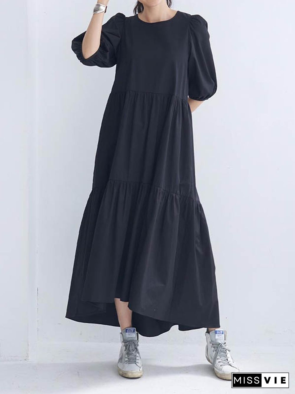 Half Sleeves Puff Sleeves Breathable See-Through Solid Color Round-Neck Midi Dresses