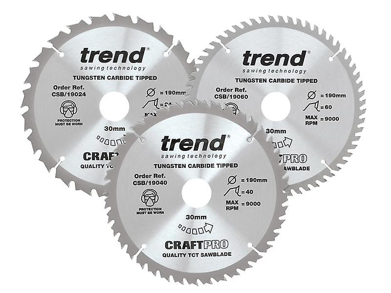 Trend CraftPro Saw Blade 190 x 30mm x 24T/40T/60T (Pack 3) CSB/190/3PK