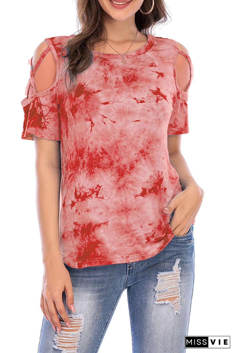 Criss-Cross Short Sleeve Crew Neck Tie Dye T-Shirt Wholesale