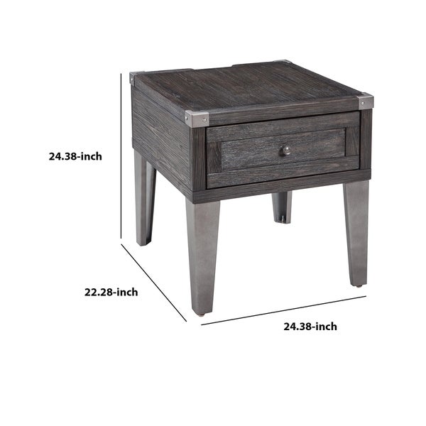 Rectangular Wooden End Table with 1 Drawer and Corner Metal Brackets， Gray