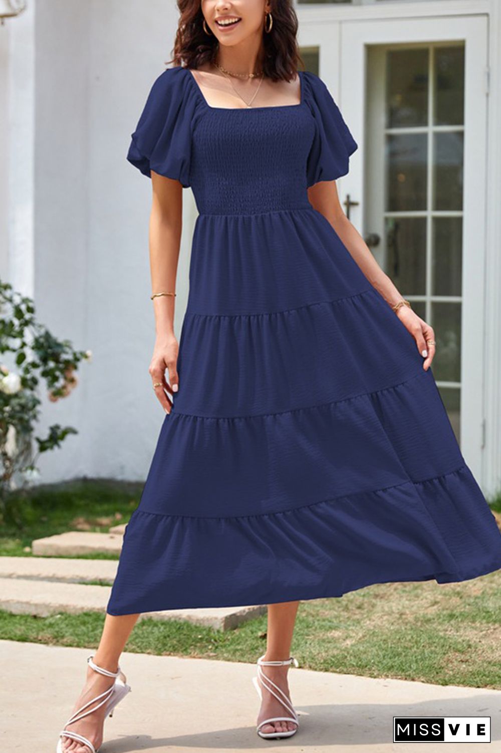 Square Neck Puff Sleeves Tiered Long Dress