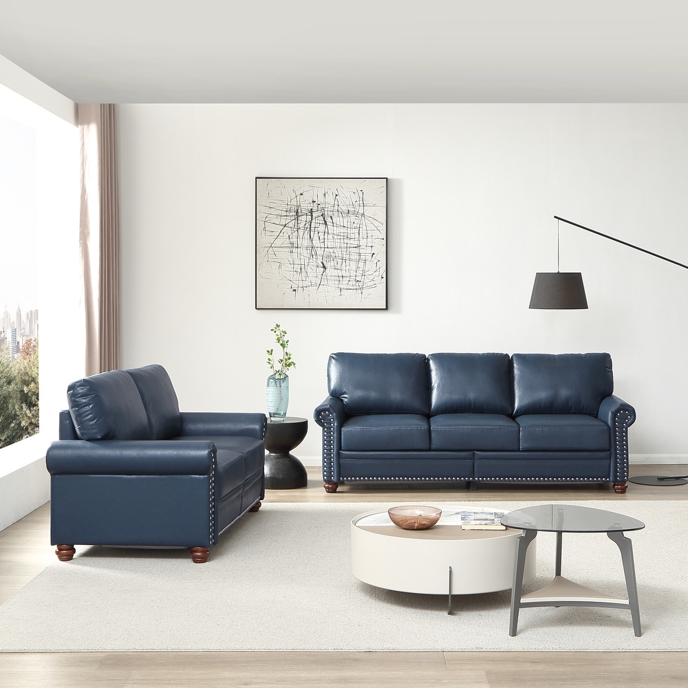 2+3 Seater Sectional Sofa Sets  2pc Navy Blue Faux Leather Sofa Sets with Storage Box and Nailheads Round Armrest for Livingroom