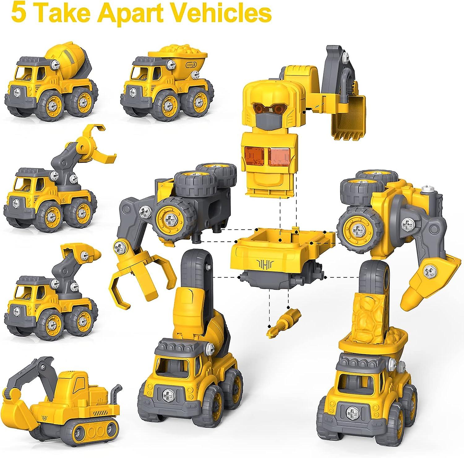 Diy 5-in-1 Combination Construction Vehicle， Toys For 5 Year Old， Educational Transform Into Robot Christmas Birthday Gifts For Kids Toys