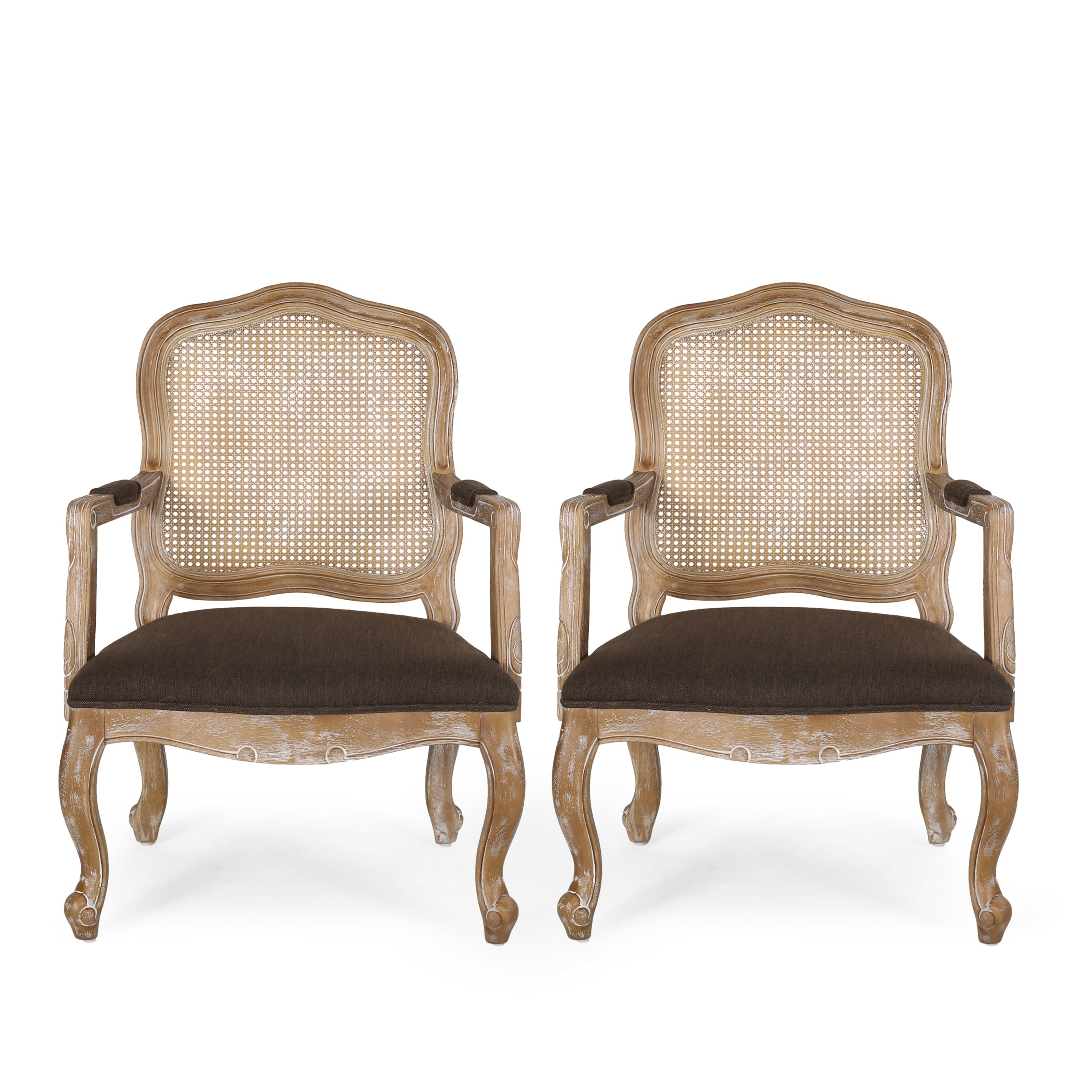 Biorn French Country Wood and Cane Upholstered Dining Armchair