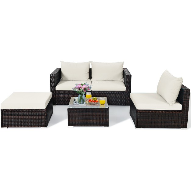 Tangkula 5 piece Patio Rattan Conversation Set Ourdoor Sectional Cushioned Sofa With Table