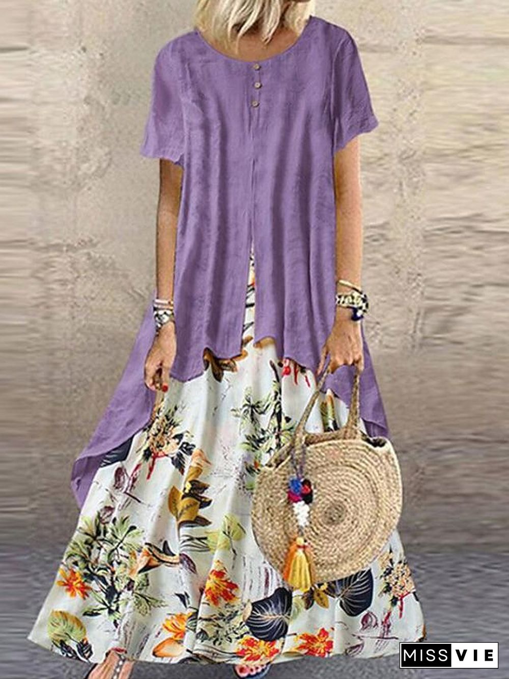 Women's Maxi long Dress - Short Sleeve Floral Layered Button Print Summer Plus Size Hot Casual Holiday vacation dresses Loose  Purple Yellow Pink Orange Green M L XL XXL 3XL 4XL 5XL