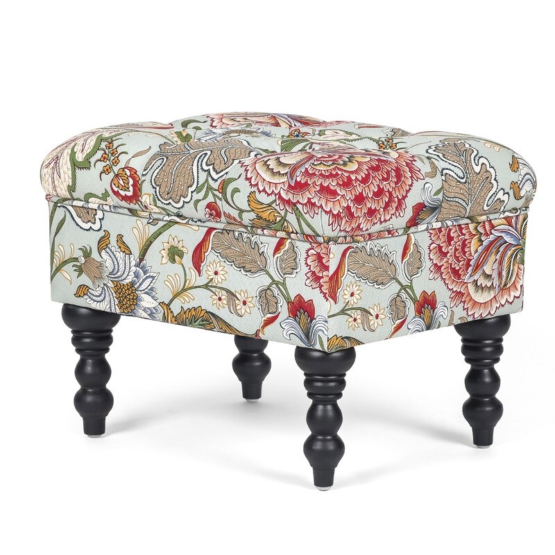 Adeco Ottoman Stool Tufted Foot Rest Fabric Floral Vanity Stool