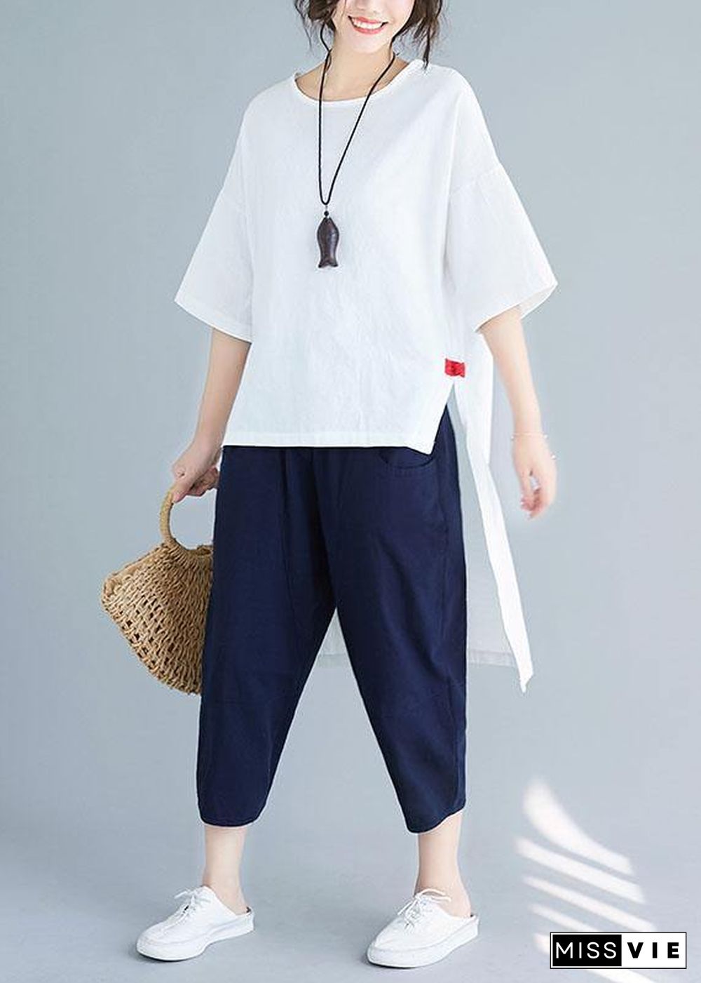 New women's solid color five-point sleeves white shirt casual harem pants two-piece