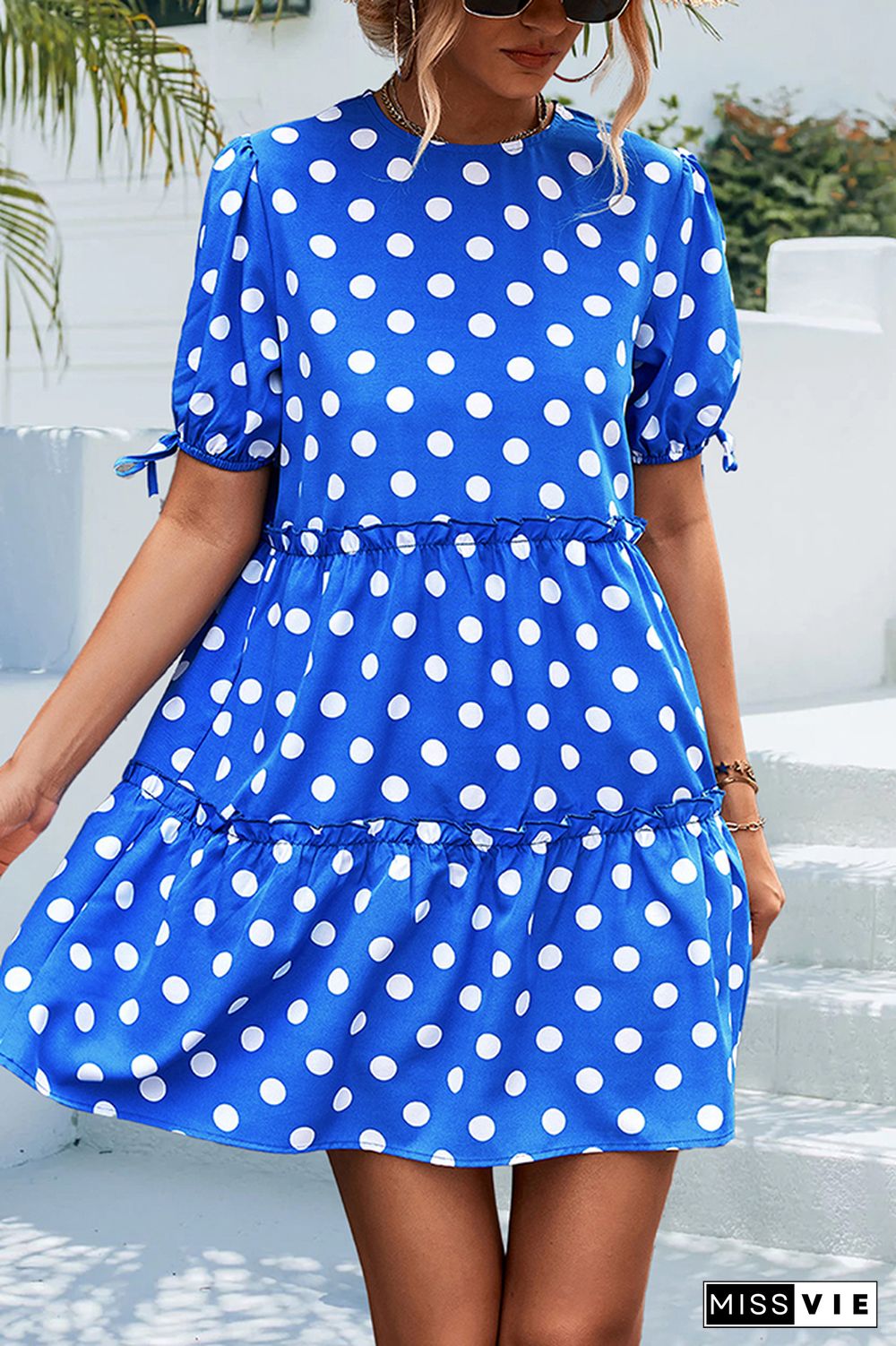 Polkadot Short Sleeves Splicing Ruffle Dress