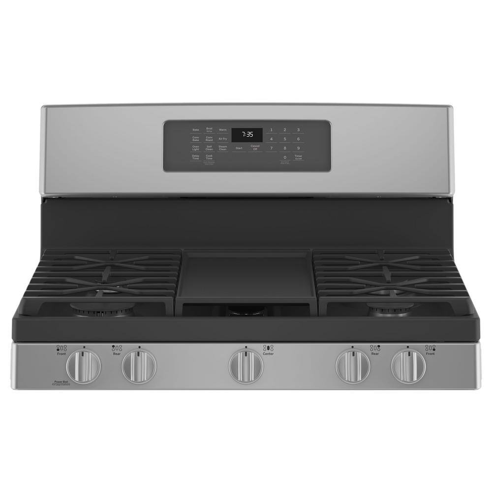 GE 30 in. 5.0 cu. ft. Gas Range with Self-Cleaning Convection Oven and Air Fry in Stainless Steel JGB735SPSS