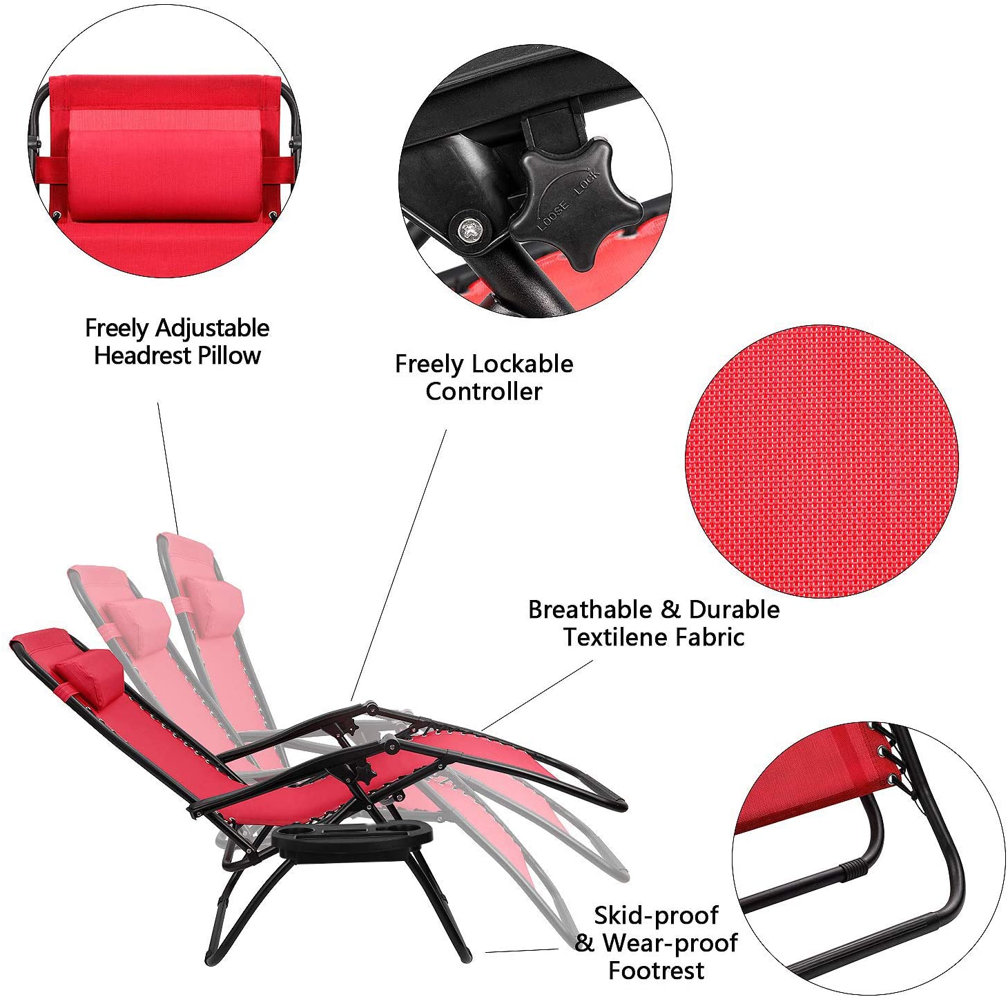 Devoko 2 PCS Zero Gravity Chair Outdoor Lounge Patio Chair Camp Reclining Lounge Chairs, Red