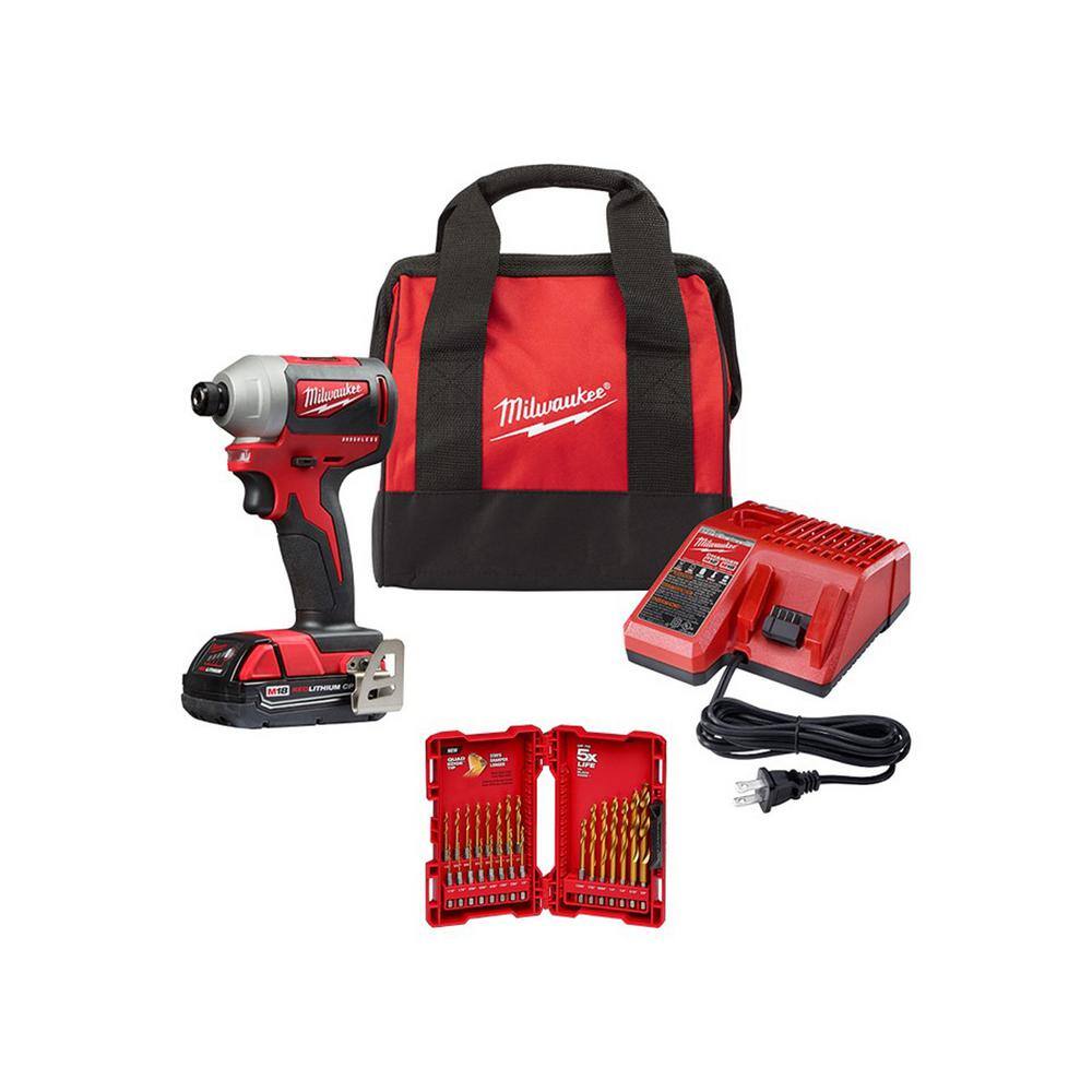 MW M18 18V Lithium-Ion Compact Brushless Cordless 14 in. Impact Driver Kit with (1) 2.0 Ah Battery and Drill Bit Set 2850-21P-48-89-4631