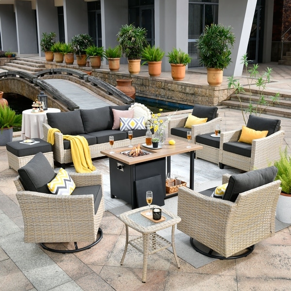 XIZZI Outdoor Furniture 9Piece Wicker Conversation Set with Fire Pit