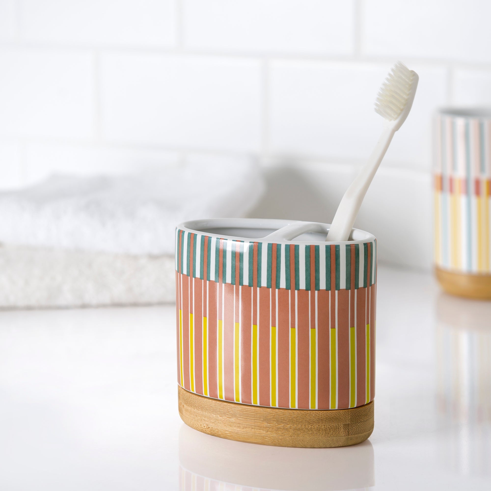 Market Stripe 4-Piece Ceramic with Bamboo Bath Accessory Set