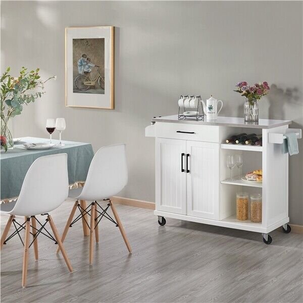 Kitchen Island Cart on Wheels with Stainless Top and Drawers and Towel Rack， White