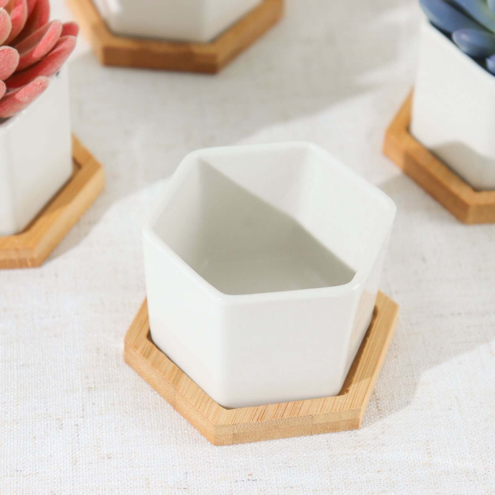 6 Pack White Geometric Hexagon Ceramic Planter Pots, Bamboo Tray Base w/ Drainage Hole, Cactus and Succulent Planters With Removable Bottom 3