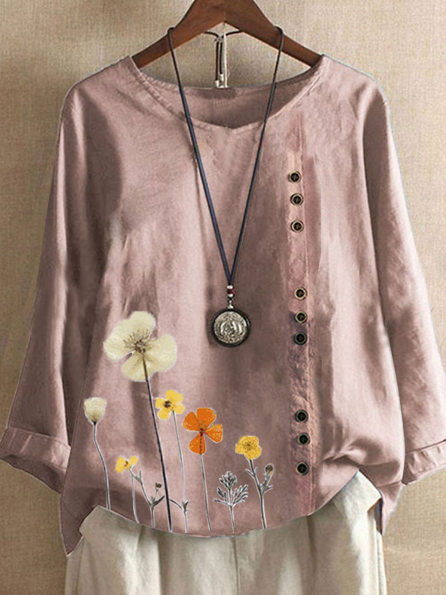 Floral Print Round Neck Cotton And Linen Long Sleeve Blouse