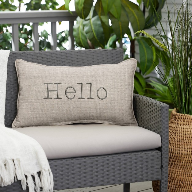 Indoor outdoor Hello Embroidered Lumbar Throw Pillow Sorra Home