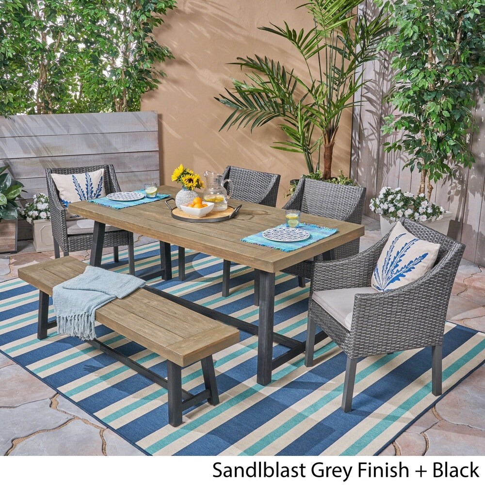 Calero Outdoor 6 Piece Wood and Wicker Dining Set with Chairs and Bench by Christopher Knight Home