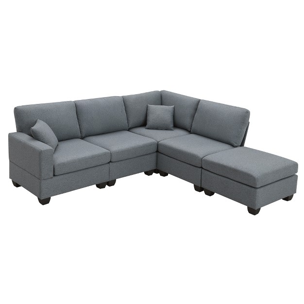 5 seat L Shaped Linen Sofa Set With Convertible Ottoman And 2 Pillows Modernluxe