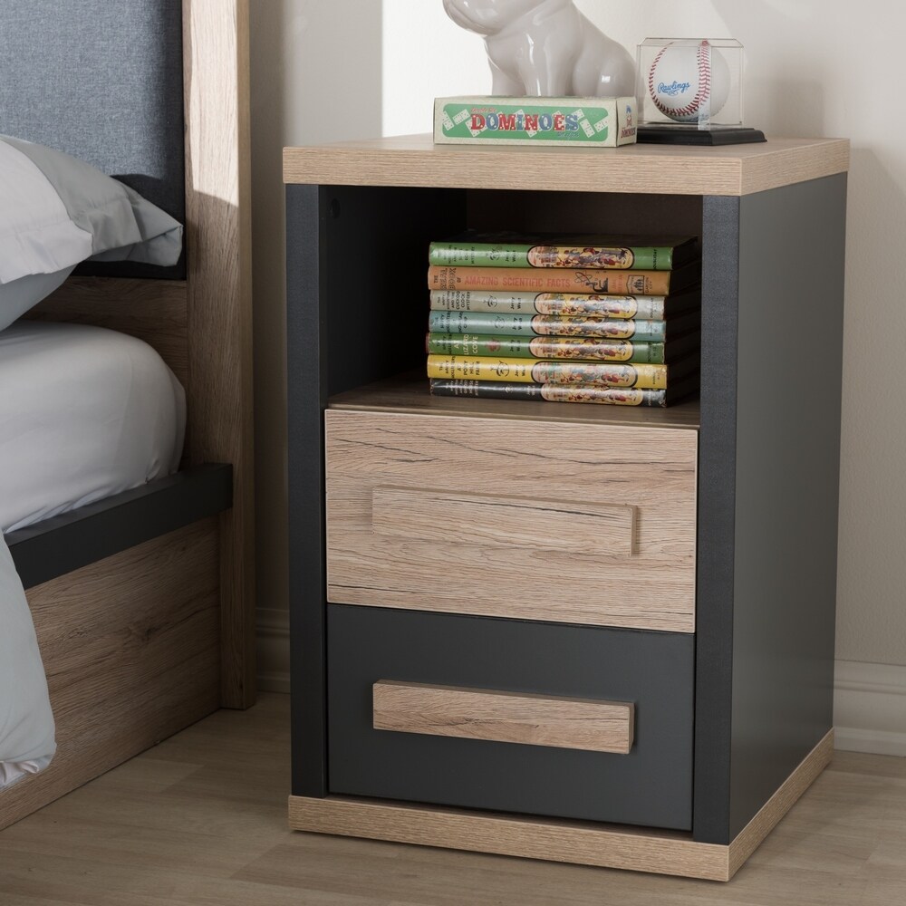 Contemporary Dark Grey and Light Brown Two Tone 2 Drawer Nightstand by Baxton Studio