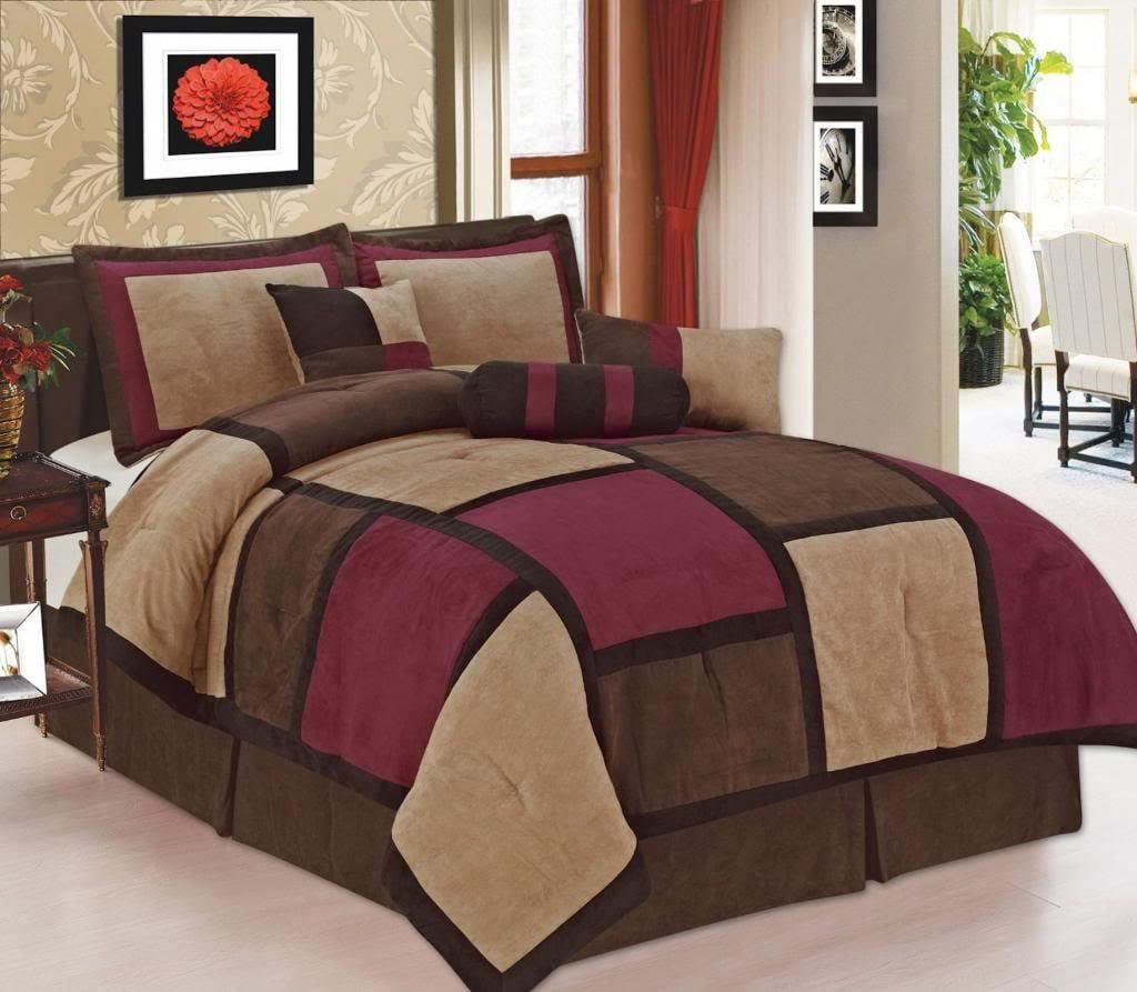 Legacy Decor 7 piece Burgundy， Brown and Beige Micro Suede Patchwork Comforter Set Machine Washable King Size， Bed-in-a Bag