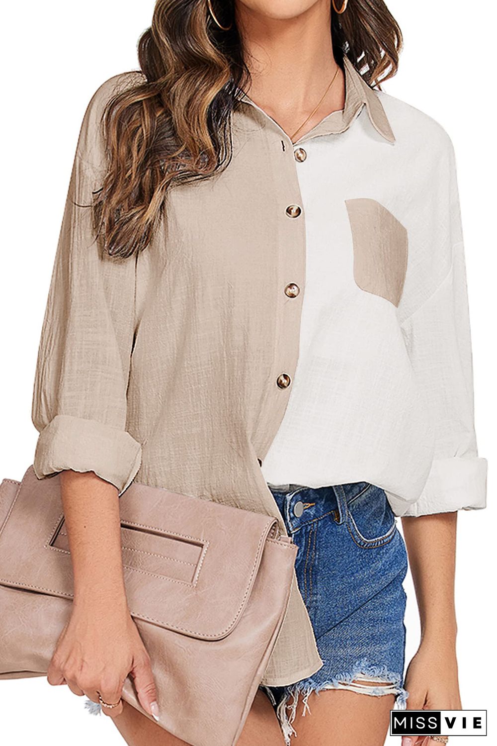 Khaki Colorblock Buttons Shirt-Collar Long Sleeve Pocket Blouse