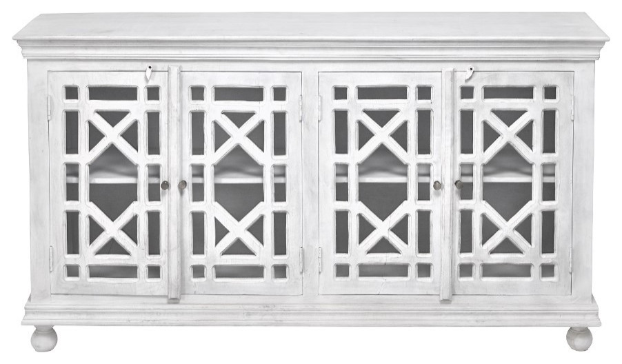 40 quotDistressed White Solid Wood Glass Trellis Doors Accent Cabinet   Farmhouse   Accent Chests And Cabinets   by Sideboards and Things  Houzz