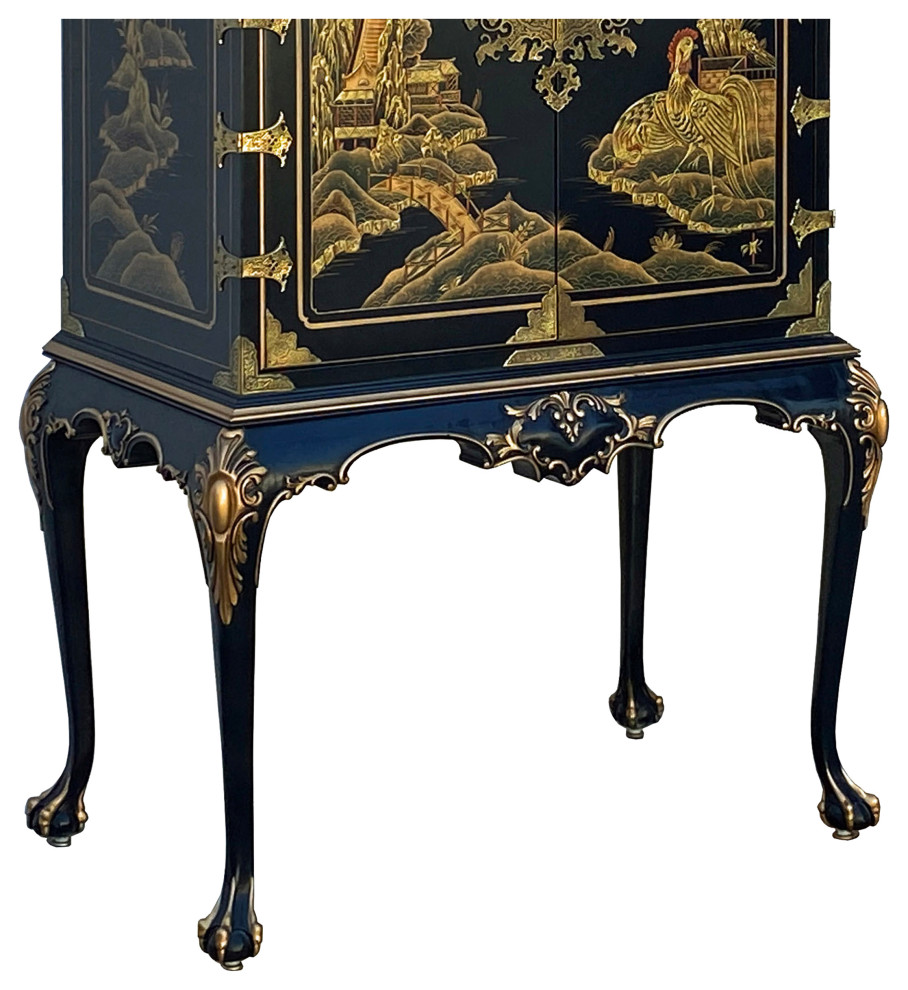 Vintage Chinoiserie Black And Gold Graphic Claw Legs Cabinet Hcs7263   Asian   Accent Chests And Cabinets   by Golden Lotus Antiques  Houzz