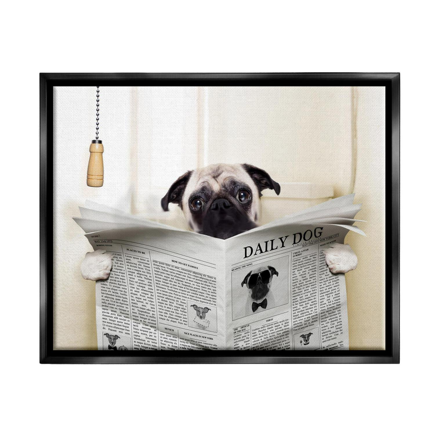 Stupell Industries Pug Reading Newspaper in Bathroom Jet Black Framed Floating Canvas Wall Art， 16and#215;20， by In House