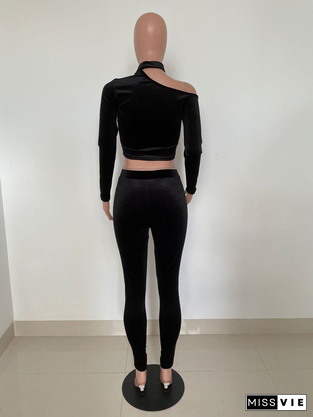 Velvet Hollow Out Crop Top Pencil Pants Set