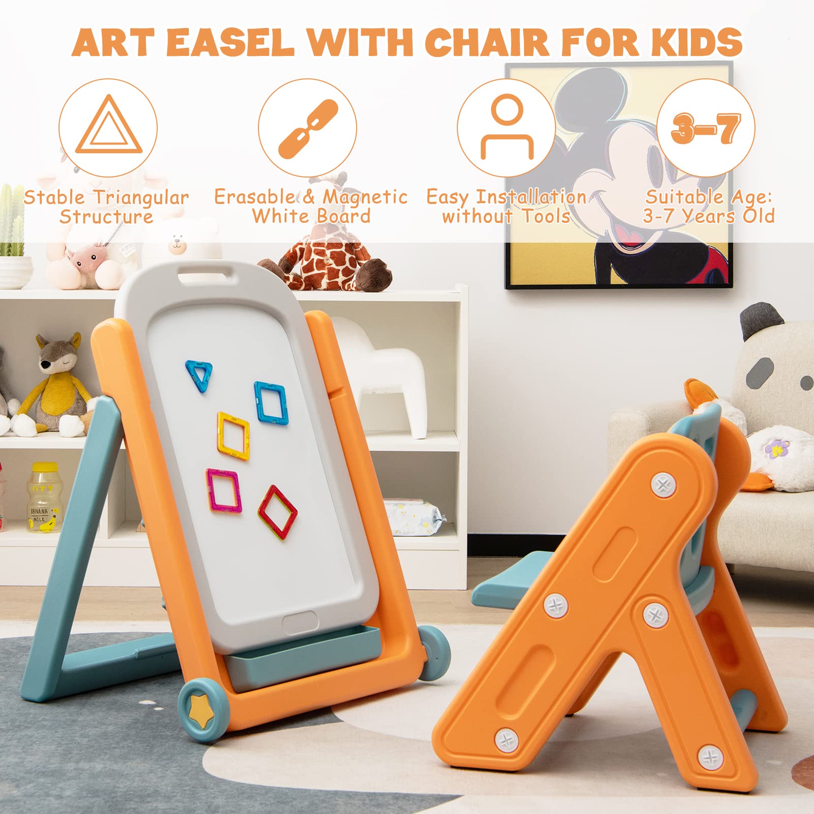 Costzon Kids Easel with Magnetic Whiteboard, Height Adjustable Easel w/ Chair