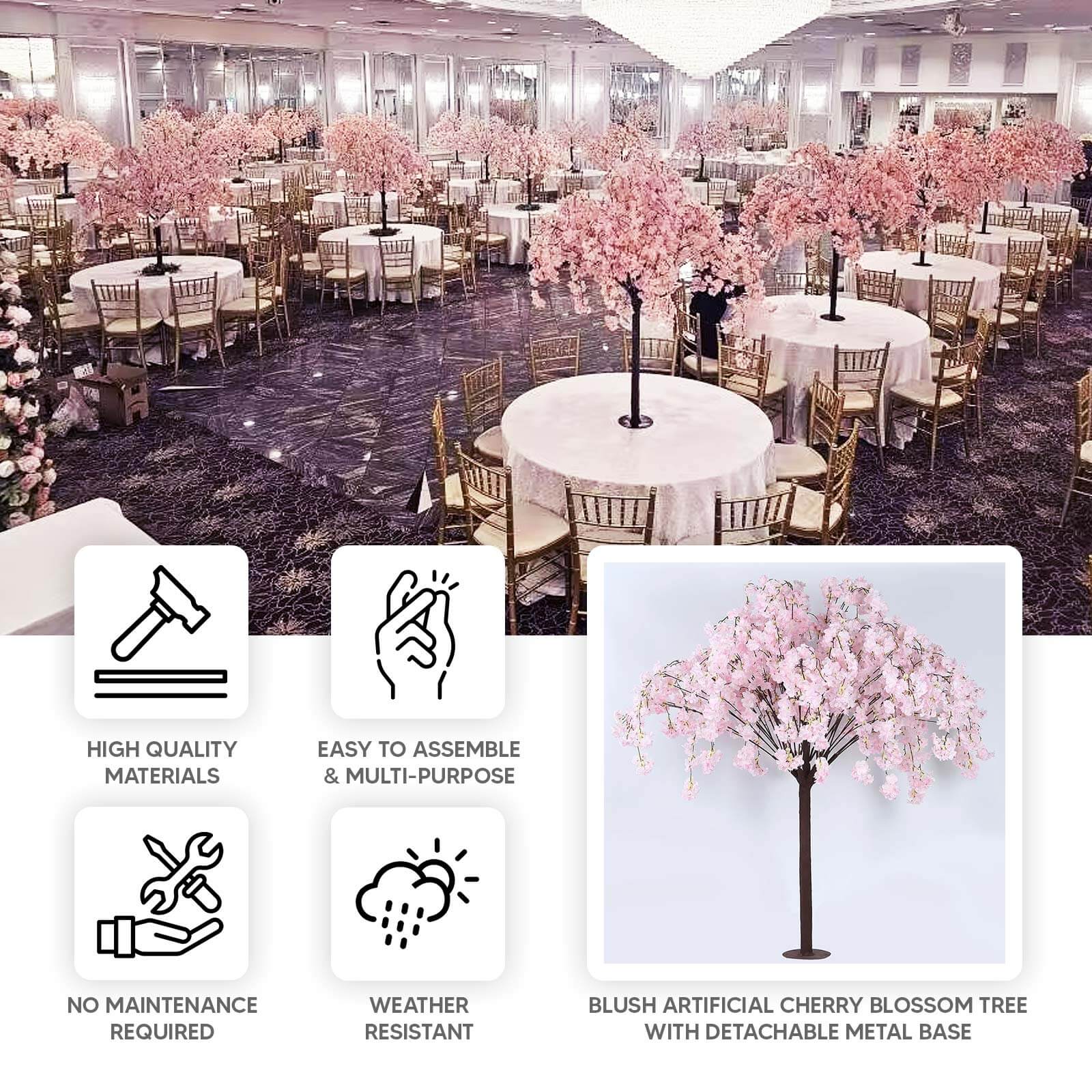 Blush Artificial Cherry Blossom Tree With Detachable Metal Base, Silk Sakura Flowers Wishing Tree Wedding Decor - 5ft