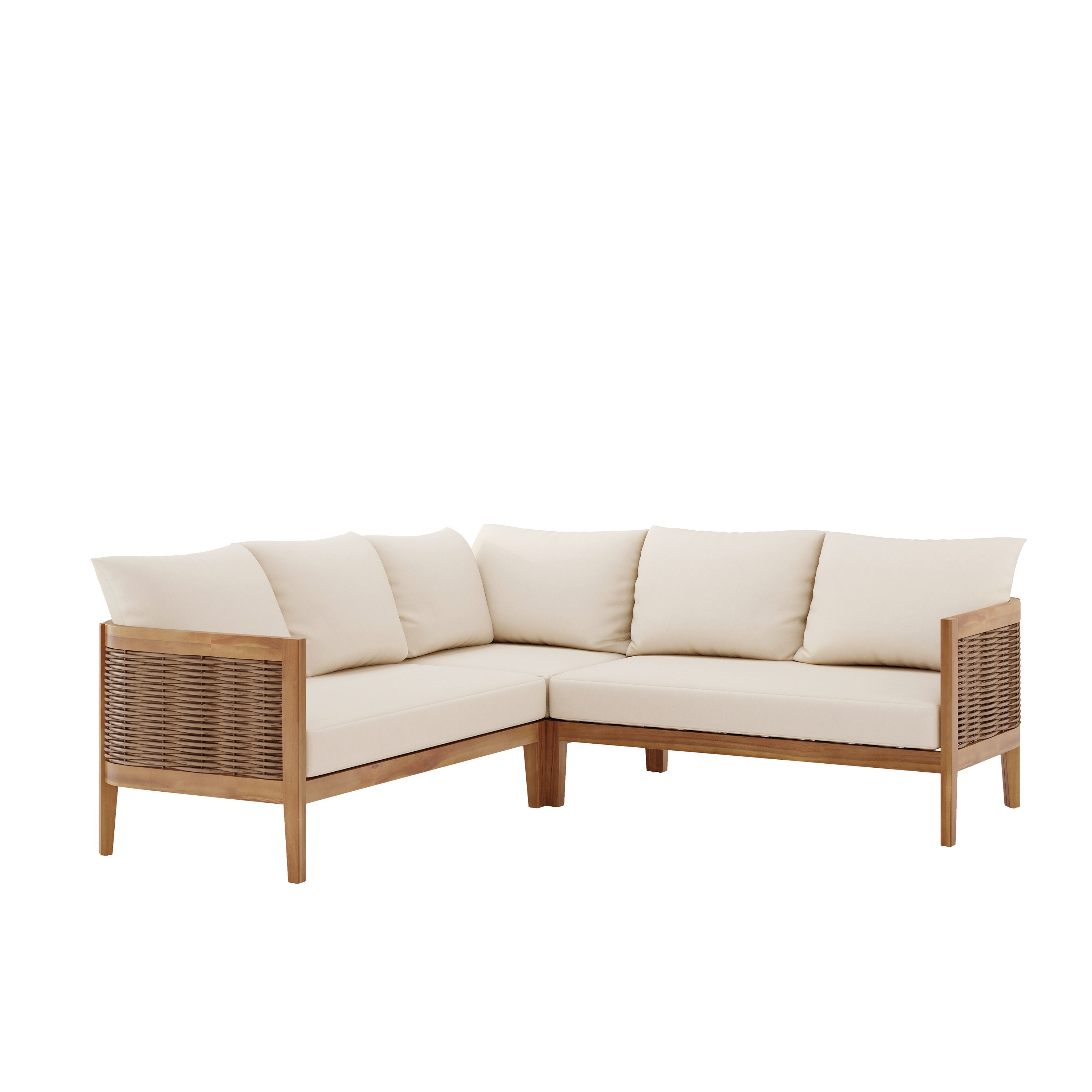 The Crowne Collection Outdoor Acacia Wood and Round Wicker 5 Seater Sectional Sofa Set with Cushions, Teak, Mixed Brown, and Beige