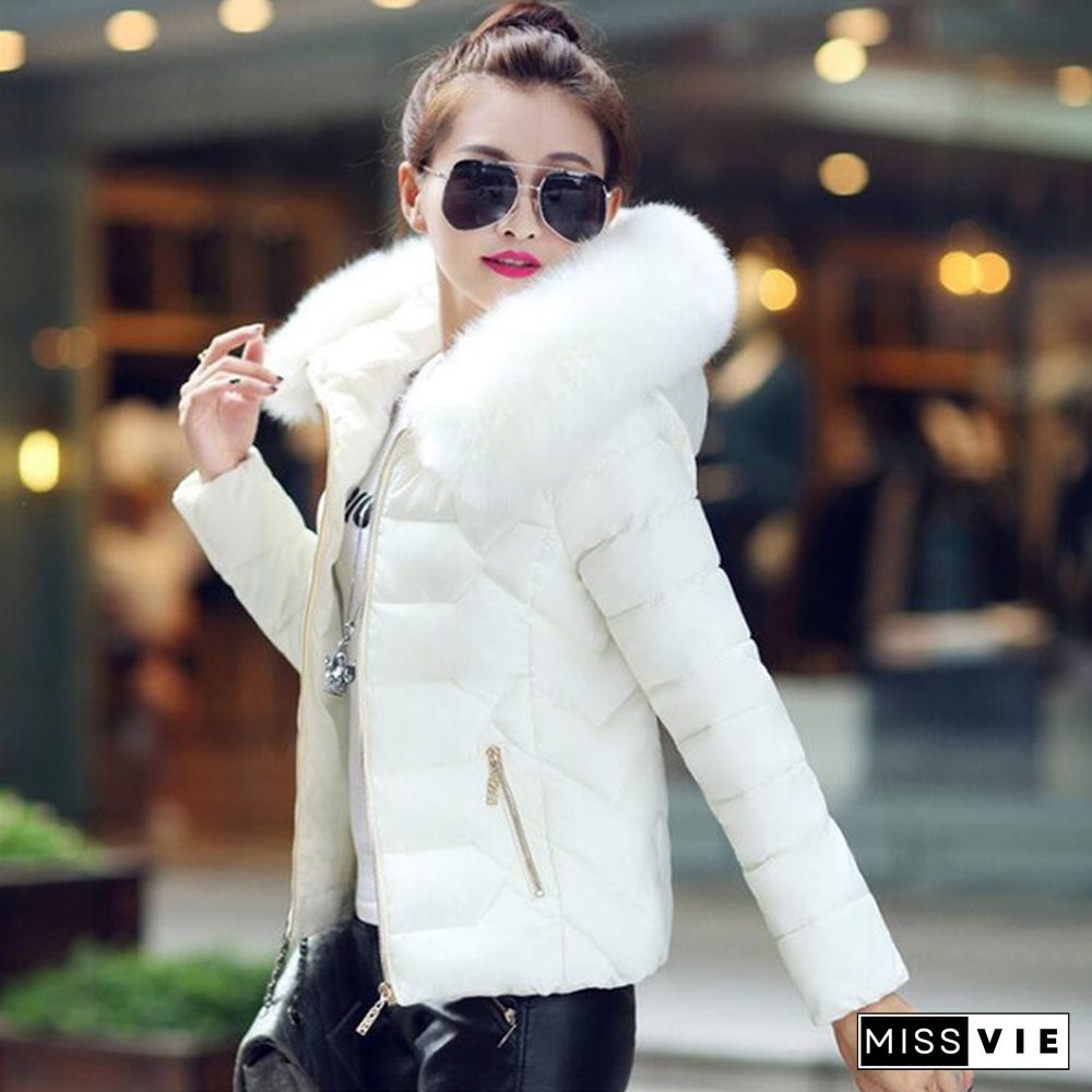 Autumn Winter New Fashion Women Short Coat Cotton-Padded Jacket Large Size Hooded Jacket Warm Cotton Female Fur Collar Hoody Parka Xs-Xxxl