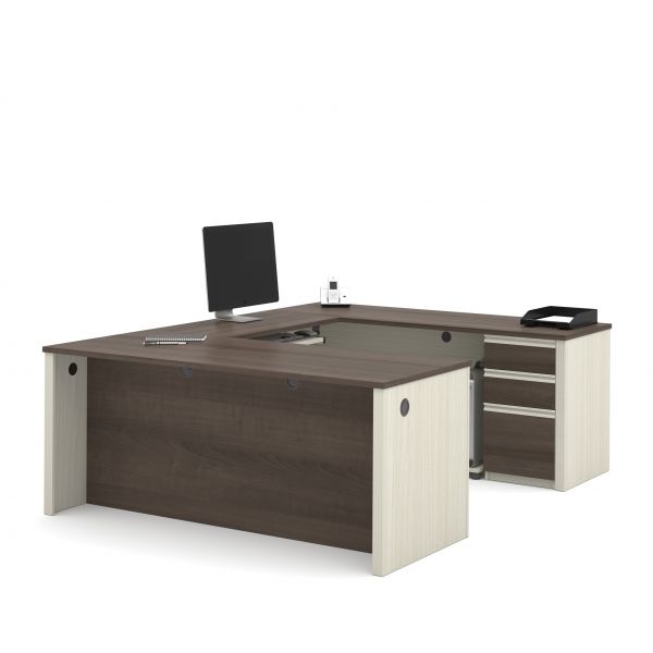 Bestar Prestige + U-shaped workstation including one pedestal in White Chocolate and Antigua