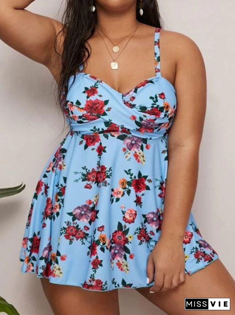 Plus Size Multicolor Floral Printed Camisole Swimdress Set