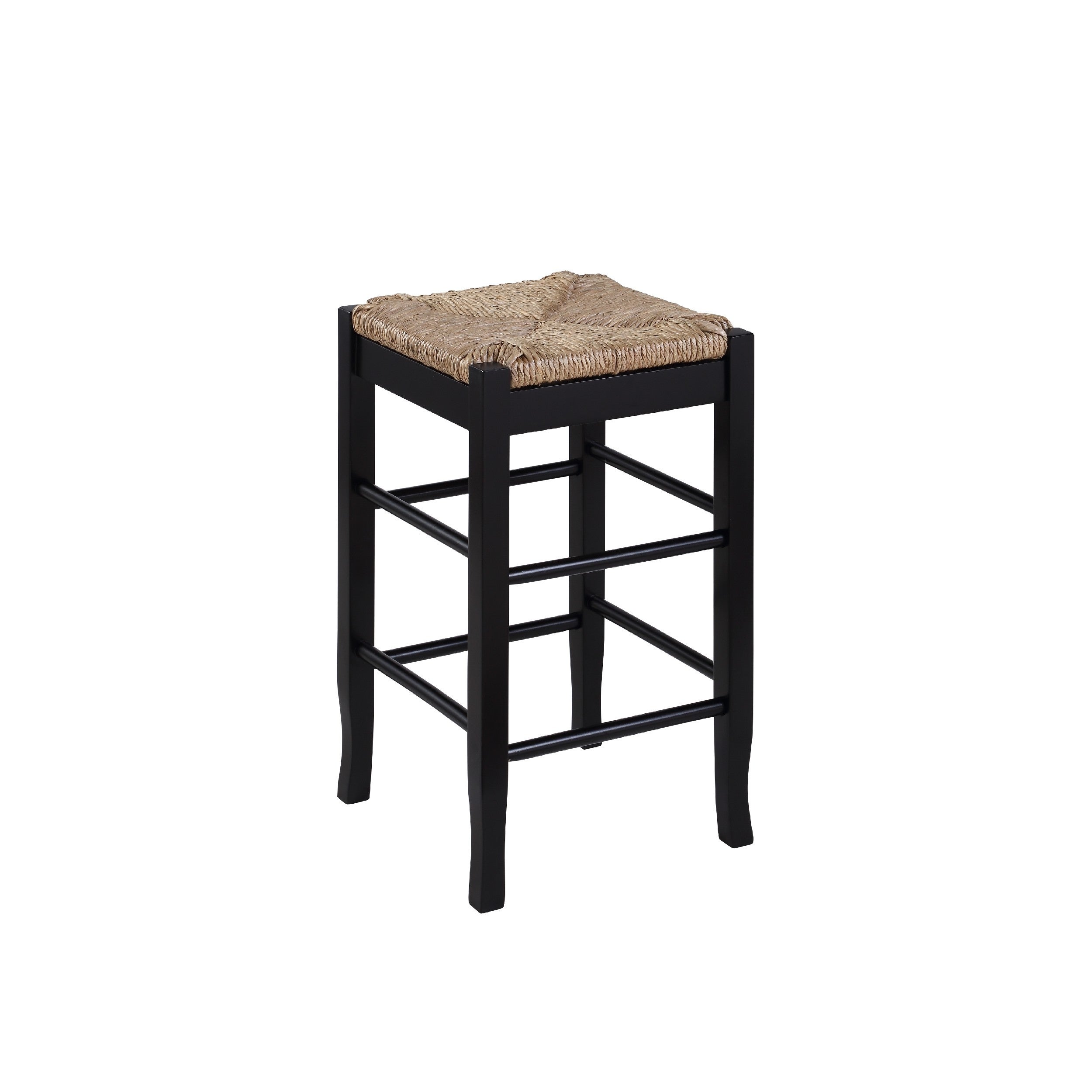 Chris 24 Inch Counter Stool with Wood Frame， Handwoven Rush Seat， Black